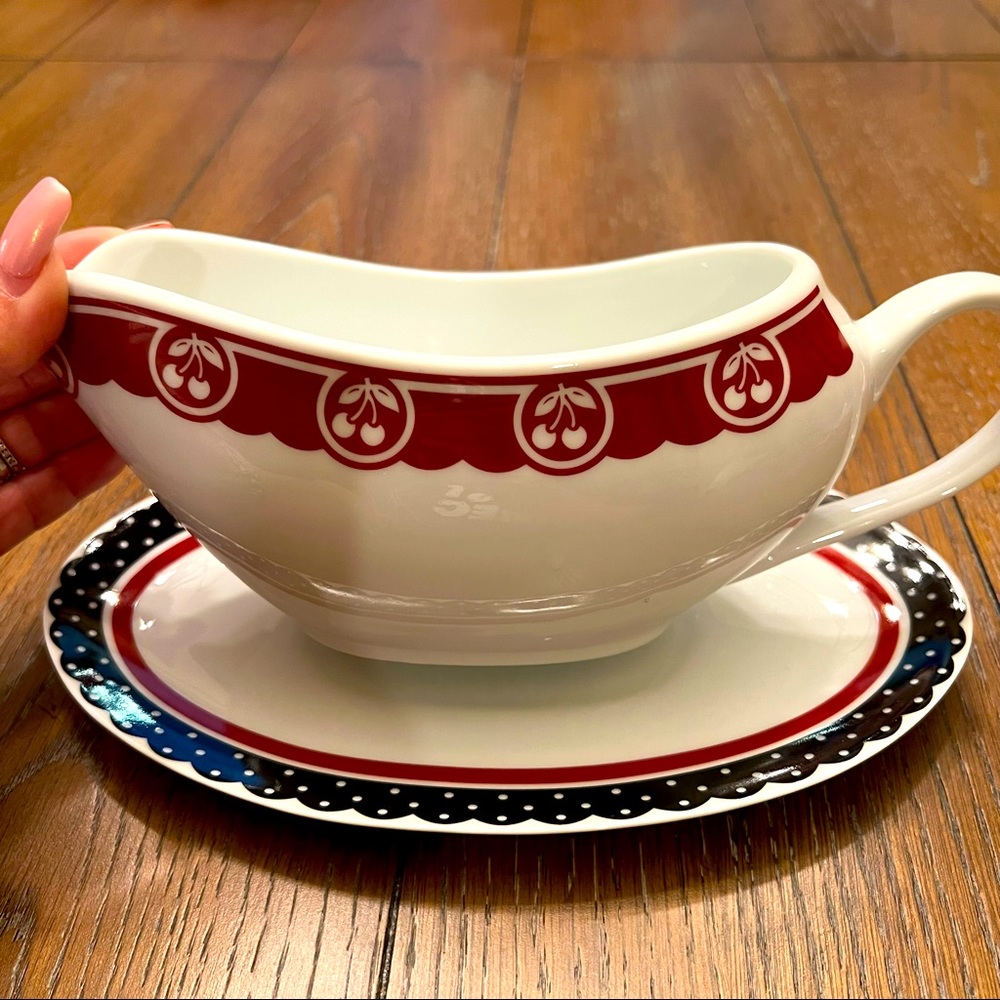 Mary Engelbreit Cameo Cherries Gravy Boat Pitcher Server with tray